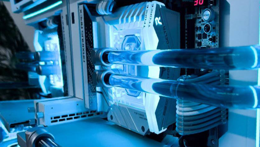 High-tech machine with blue lighting and transparent components